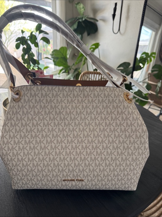 Michael Kors Handbags - Michael Kors Beige Signature MK Monogram Shoulder Bag with Gold Hardware